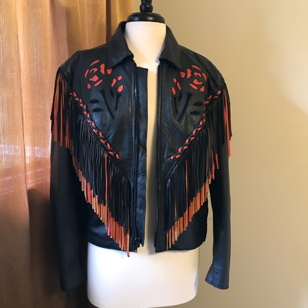 Leather motorcycle jacket unisex w cutouts fringe